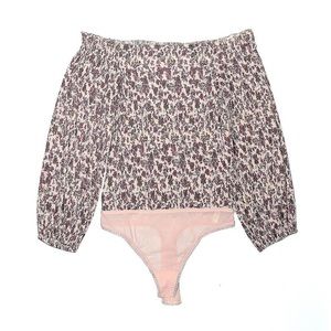 Free People Pretty Petal Floral Bodysuit  S/M shoulder top ruched smocked